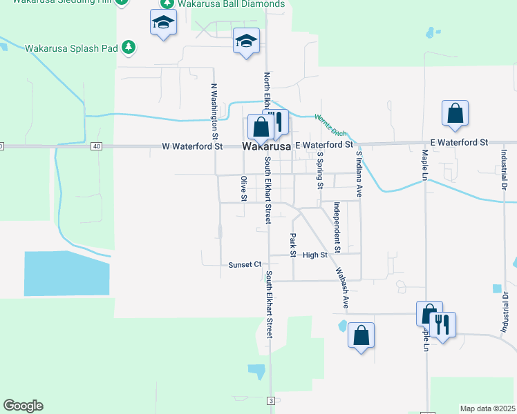 map of restaurants, bars, coffee shops, grocery stores, and more near 101 West Wabash Avenue in Wakarusa