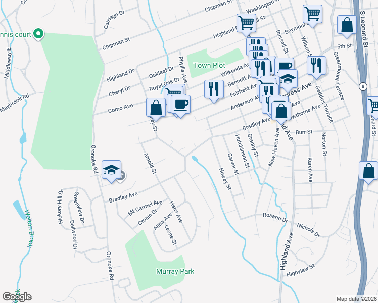 map of restaurants, bars, coffee shops, grocery stores, and more near 222 Bradley Avenue in Waterbury