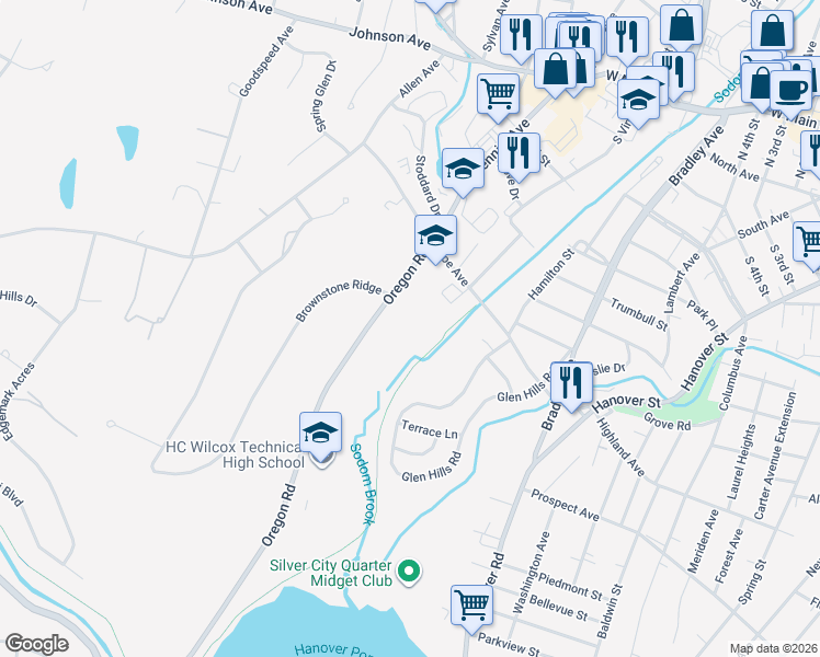 map of restaurants, bars, coffee shops, grocery stores, and more near 220 Coe Avenue in Meriden