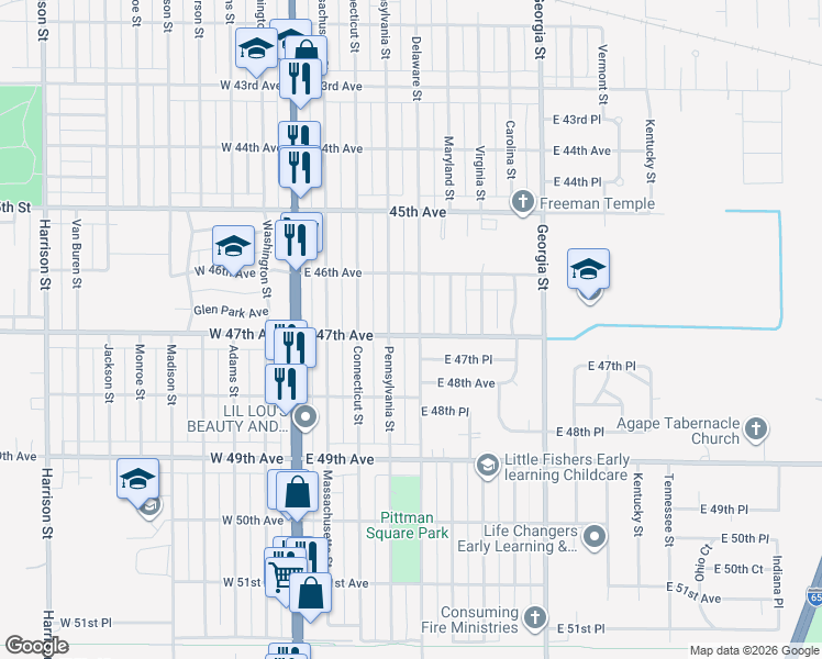 map of restaurants, bars, coffee shops, grocery stores, and more near 4668 Delaware Street in Gary