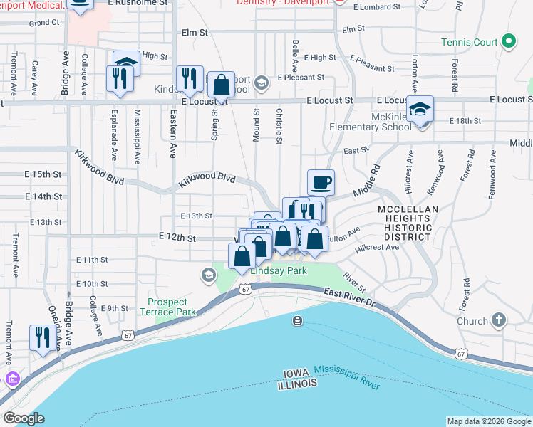 map of restaurants, bars, coffee shops, grocery stores, and more near 2112 East 13th Street in Davenport