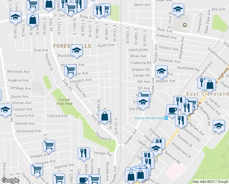 map of restaurants, bars, coffee shops, grocery stores, and more near 875 East 130th Street in Cleveland