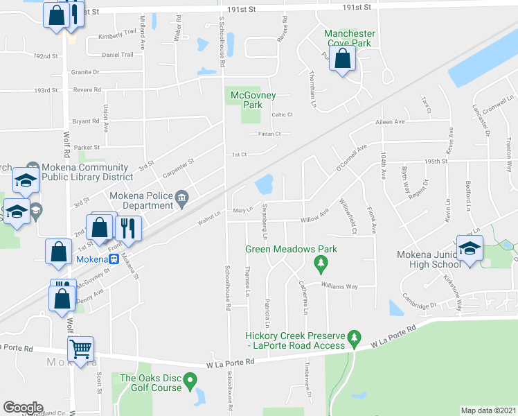 map of restaurants, bars, coffee shops, grocery stores, and more near 19602 Swanberg Lane in Mokena