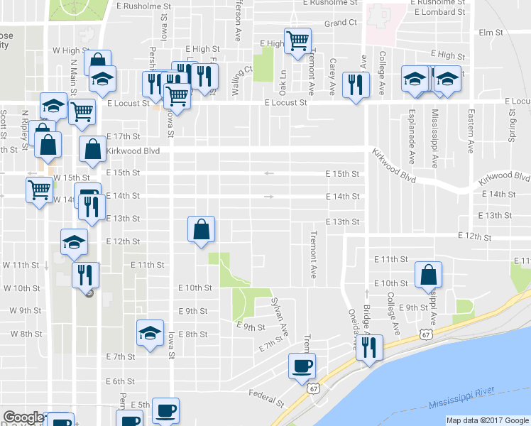 map of restaurants, bars, coffee shops, grocery stores, and more near 722 East 13th Street in Davenport