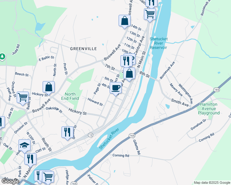 map of restaurants, bars, coffee shops, grocery stores, and more near 143 Prospect Street in Norwich