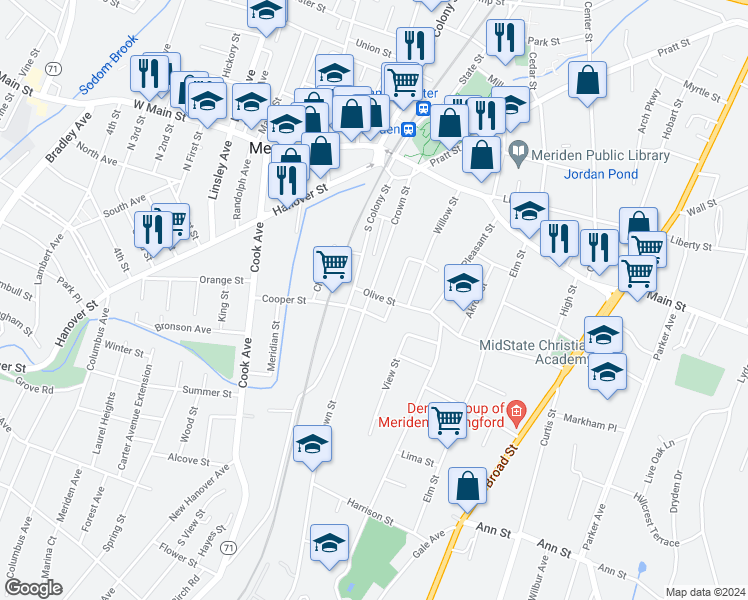 map of restaurants, bars, coffee shops, grocery stores, and more near 30 Olive Street in Meriden