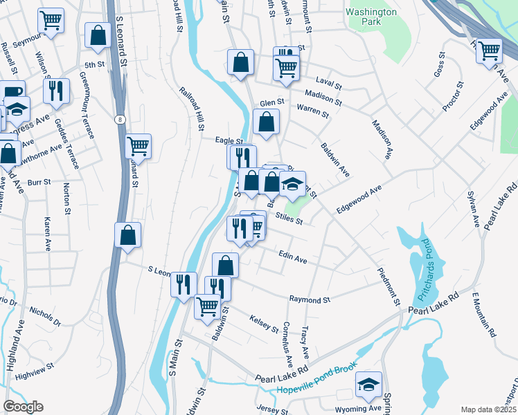 map of restaurants, bars, coffee shops, grocery stores, and more near 1426 Baldwin Street in Waterbury