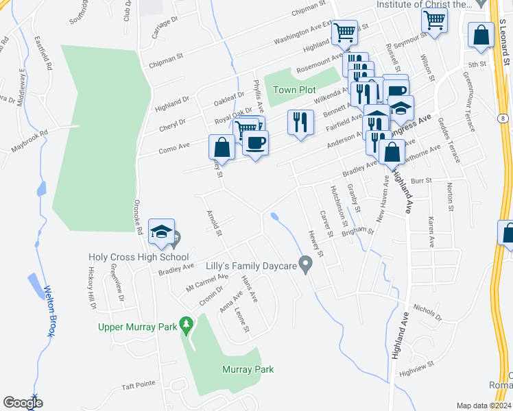 map of restaurants, bars, coffee shops, grocery stores, and more near 28 Wesley Street in Waterbury