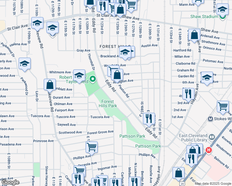 map of restaurants, bars, coffee shops, grocery stores, and more near 868 Eddy Road in Cleveland