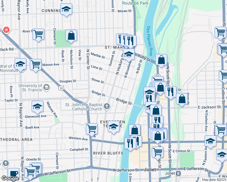 map of restaurants, bars, coffee shops, grocery stores, and more near 518 North Hickory Street in Joliet