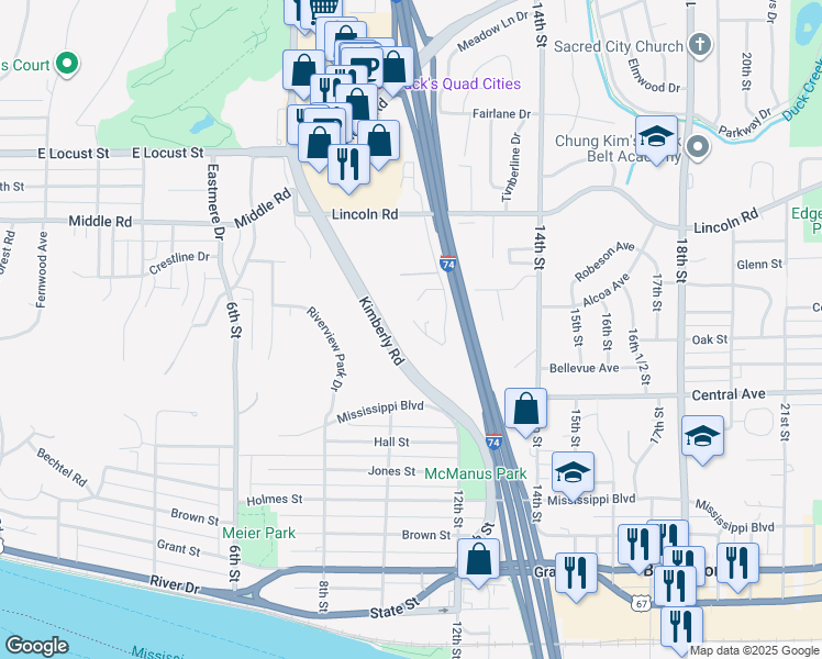 map of restaurants, bars, coffee shops, grocery stores, and more near 1117 Highland Park Drive in Bettendorf
