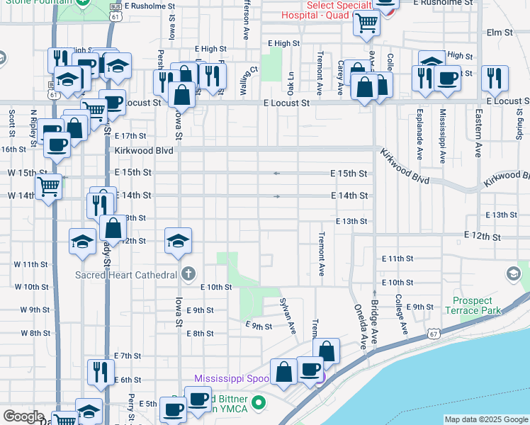 map of restaurants, bars, coffee shops, grocery stores, and more near 722 East 13th Street in Davenport