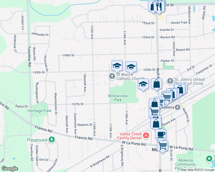 map of restaurants, bars, coffee shops, grocery stores, and more near 19548 115th Avenue in Mokena