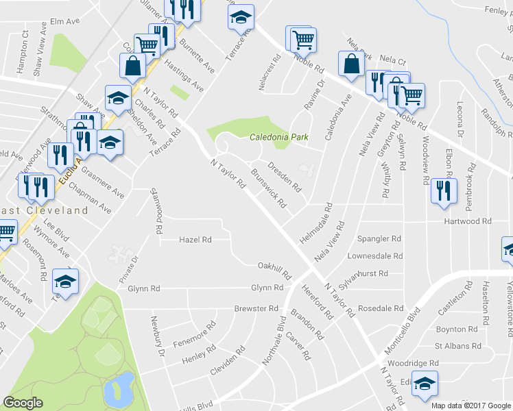 map of restaurants, bars, coffee shops, grocery stores, and more near 2090 North Taylor Road in Cleveland Heights