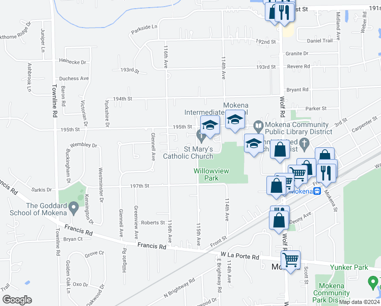 map of restaurants, bars, coffee shops, grocery stores, and more near 19546 115th Avenue in Mokena