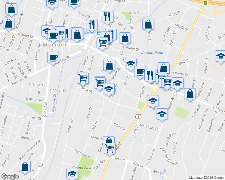 map of restaurants, bars, coffee shops, grocery stores, and more near 47 Akron Street in Meriden