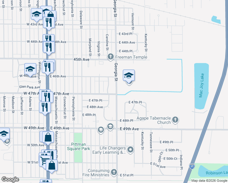 map of restaurants, bars, coffee shops, grocery stores, and more near 4662 Georgia Street in Gary