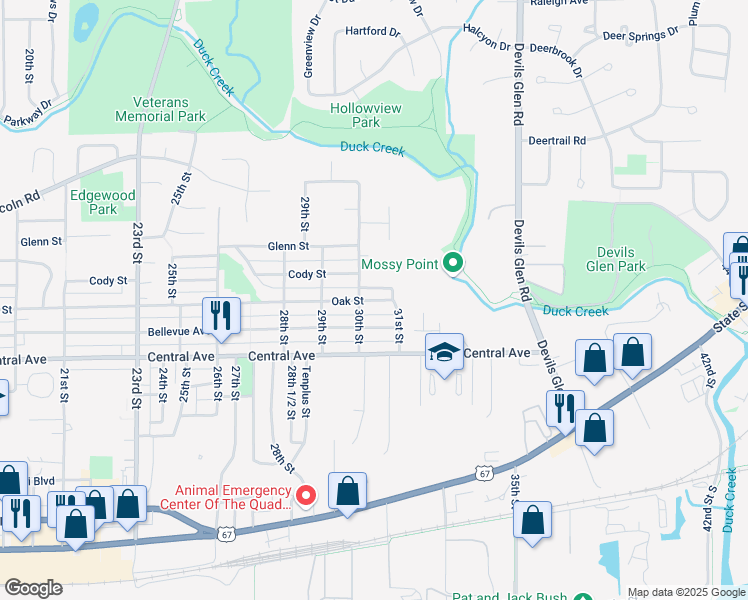 map of restaurants, bars, coffee shops, grocery stores, and more near 3044 Oak Street in Bettendorf