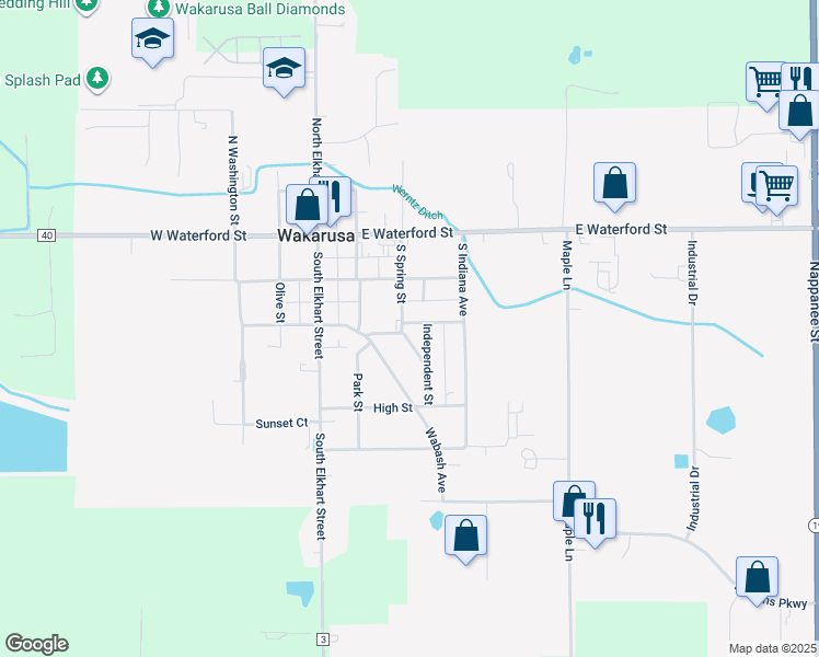 map of restaurants, bars, coffee shops, grocery stores, and more near 300 South Spring Street in Wakarusa
