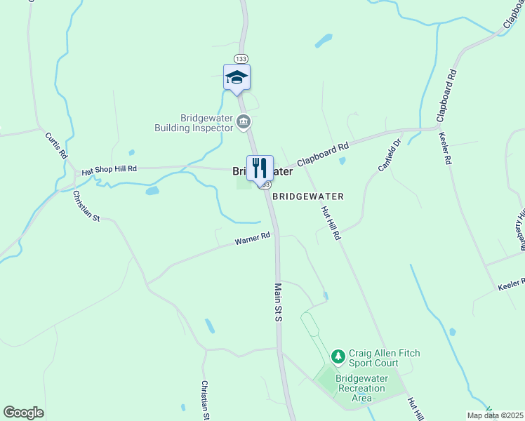 map of restaurants, bars, coffee shops, grocery stores, and more near 62 Main Street South in Bridgewater