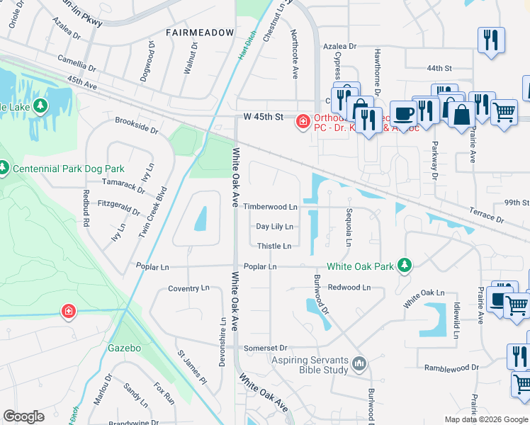 map of restaurants, bars, coffee shops, grocery stores, and more near 1620 Timberwood Lane in Munster
