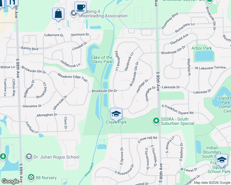map of restaurants, bars, coffee shops, grocery stores, and more near 19631 Edgebrook Lane in Tinley Park