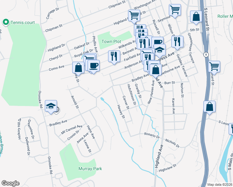 map of restaurants, bars, coffee shops, grocery stores, and more near 32 Carver Street in Waterbury