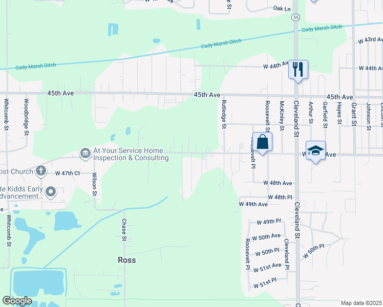 map of restaurants, bars, coffee shops, grocery stores, and more near 4701 Ellsworth Lane in Gary