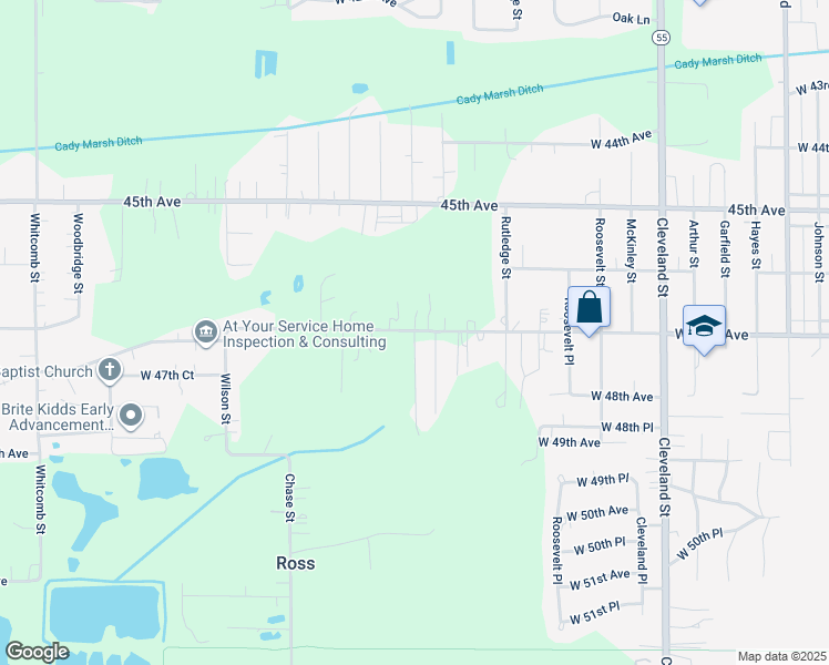 map of restaurants, bars, coffee shops, grocery stores, and more near 4700 Marshall Court in Gary