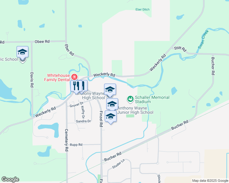 map of restaurants, bars, coffee shops, grocery stores, and more near 5967 Finzel Road in Whitehouse