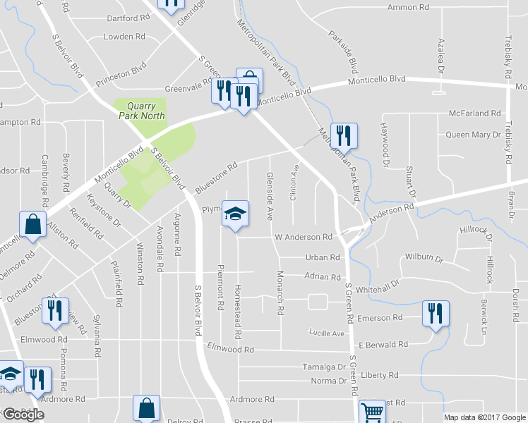 map of restaurants, bars, coffee shops, grocery stores, and more near 984 Glenside Avenue in South Euclid