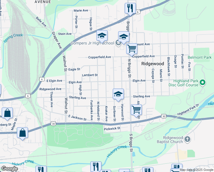 map of restaurants, bars, coffee shops, grocery stores, and more near 418 Krakar Avenue in Joliet