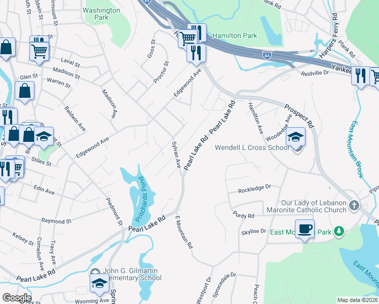 map of restaurants, bars, coffee shops, grocery stores, and more near 945 Pearl Lake Road in Waterbury