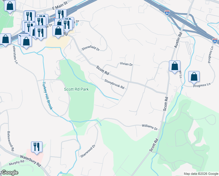 map of restaurants, bars, coffee shops, grocery stores, and more near 85 Stonybrook Road in Waterbury