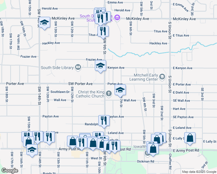 map of restaurants, bars, coffee shops, grocery stores, and more near 5601 Southwest 9th Street in Des Moines
