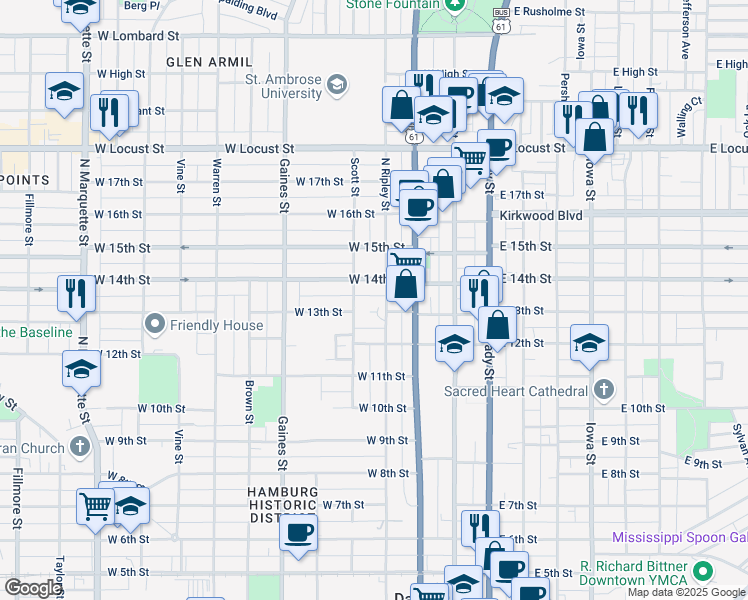 map of restaurants, bars, coffee shops, grocery stores, and more near 1322 North Ripley Street in Davenport