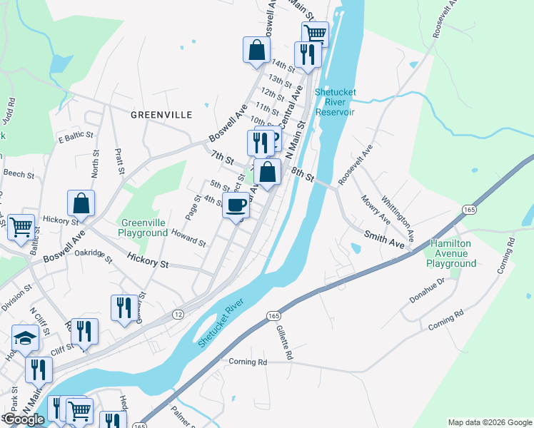 map of restaurants, bars, coffee shops, grocery stores, and more near 431 North Main Street in Norwich