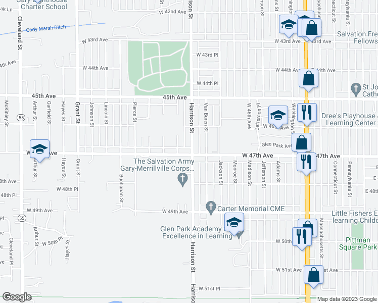 map of restaurants, bars, coffee shops, grocery stores, and more near 4680 Harrison Street in Gary