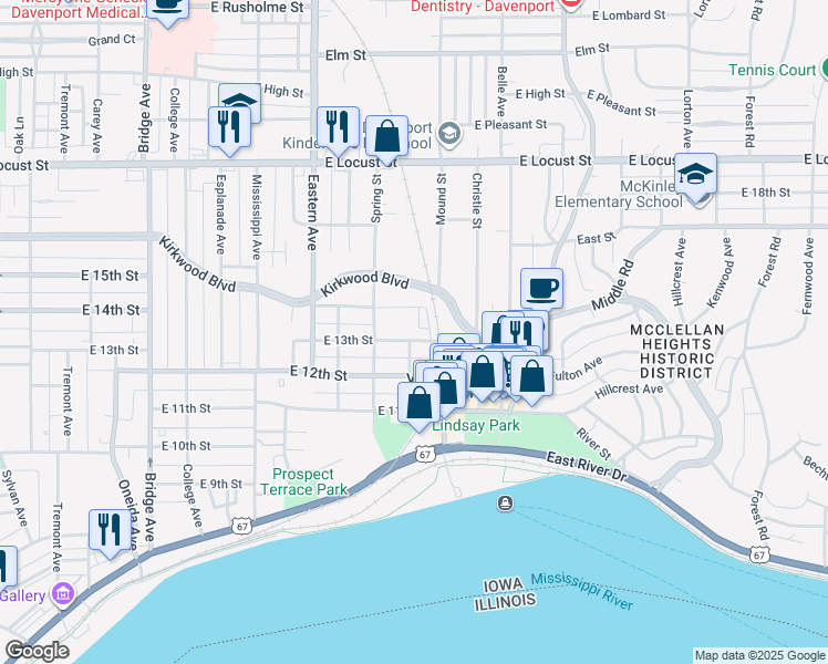 map of restaurants, bars, coffee shops, grocery stores, and more near 2004 East 13th Street in Davenport