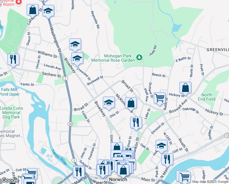 map of restaurants, bars, coffee shops, grocery stores, and more near 114 McKinley Avenue in Norwich
