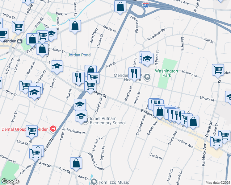 map of restaurants, bars, coffee shops, grocery stores, and more near 15 Cottage Street in Meriden