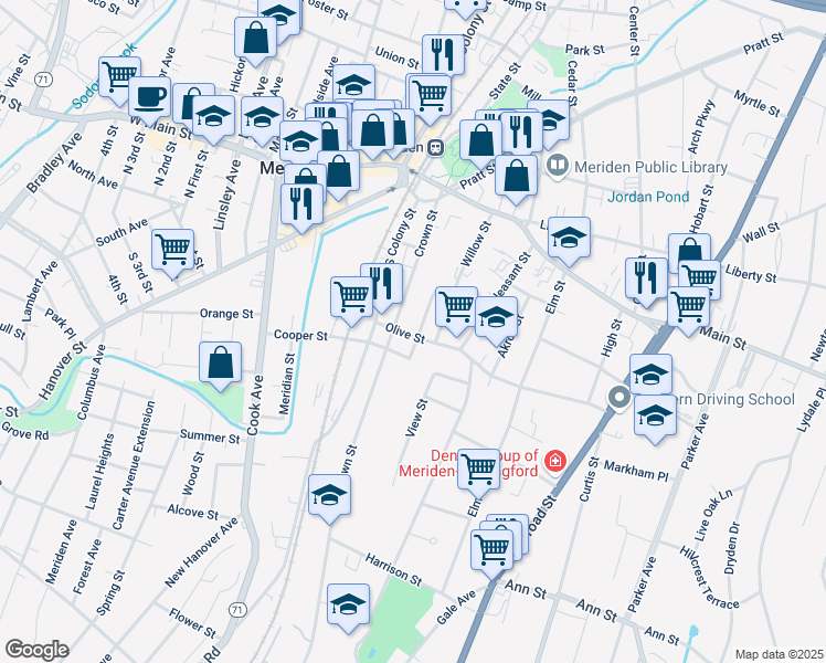 map of restaurants, bars, coffee shops, grocery stores, and more near 30 Olive Street in Meriden