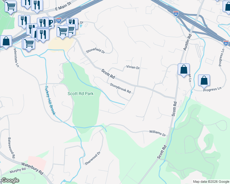 map of restaurants, bars, coffee shops, grocery stores, and more near 85 Stonybrook Road in Waterbury
