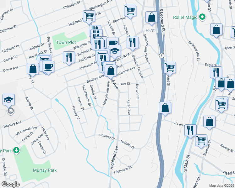 map of restaurants, bars, coffee shops, grocery stores, and more near 918 Highland Avenue in Waterbury