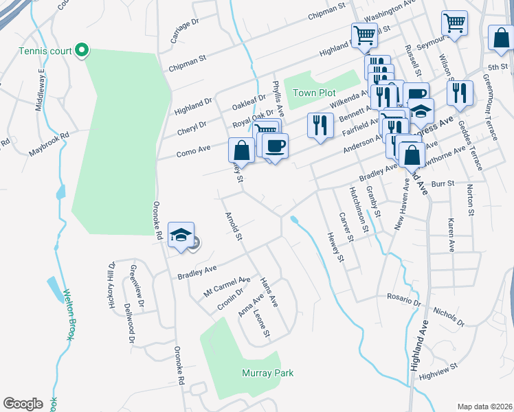 map of restaurants, bars, coffee shops, grocery stores, and more near 34 Malmalick Avenue in Waterbury