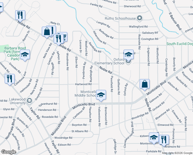 map of restaurants, bars, coffee shops, grocery stores, and more near 985 Rushleigh Road in Cleveland Heights