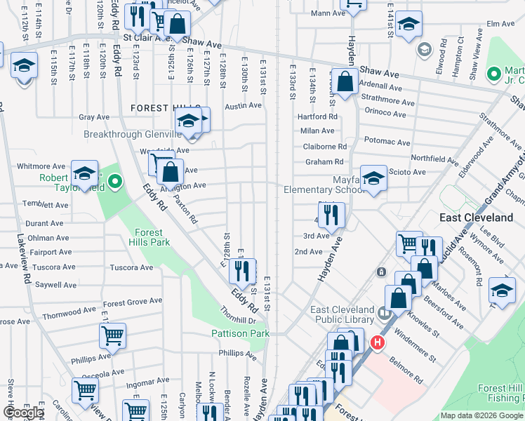 map of restaurants, bars, coffee shops, grocery stores, and more near 875 East 130th Street in Cleveland