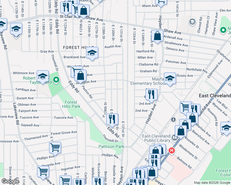 map of restaurants, bars, coffee shops, grocery stores, and more near 875 East 130th Street in Cleveland
