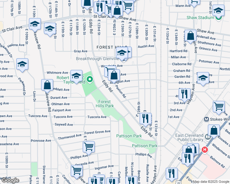 map of restaurants, bars, coffee shops, grocery stores, and more near 878 Paxton Road in Cleveland