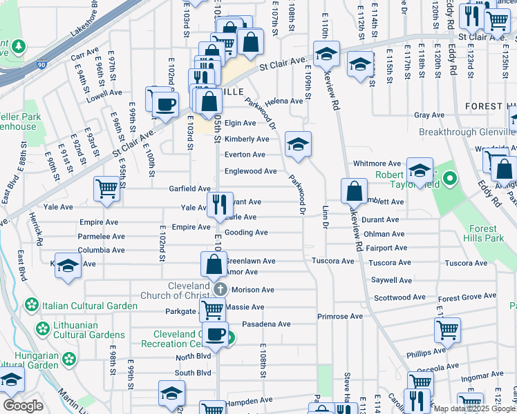 map of restaurants, bars, coffee shops, grocery stores, and more near 10618 Bryant Avenue in Cleveland